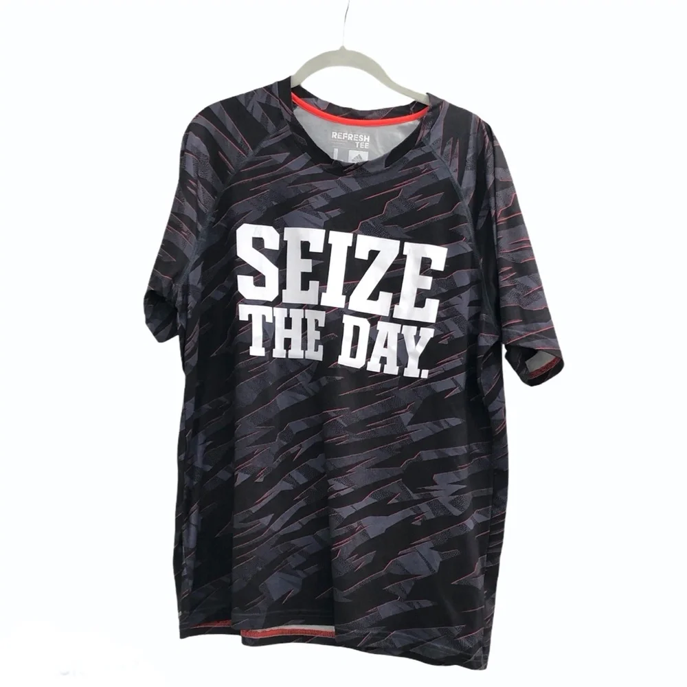 ADIDAS REFRESH SEIZE THE DAY TEE BLACK/GRAY/ORANGE SIZE LARGE